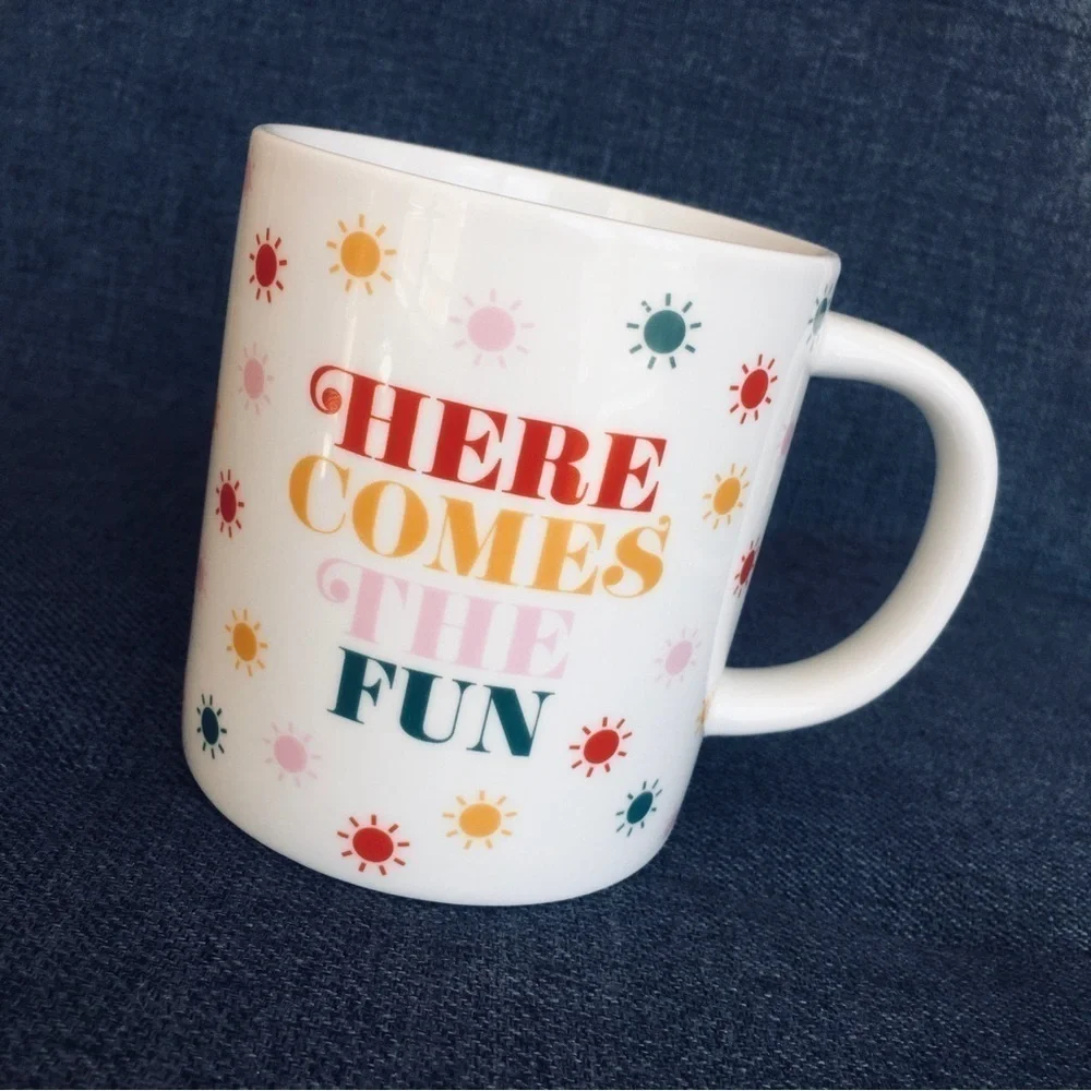 “HERE COMES THE FUN” Colorful Coffee Mug, White, Multi Colored, 15 oz